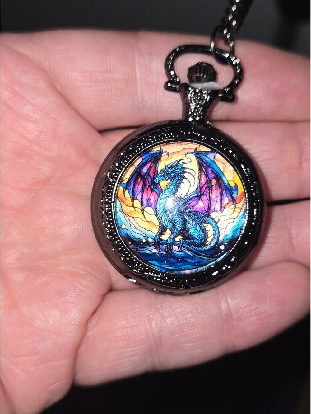 Vintage Style Pocket Watch Necklace with Blue and Purple Dragon Design